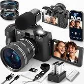4K Digital Camera for Photography with WiFi Vlogging Camera for YouTube | Auto-Focus, Flip Screen, with Wide &amp; Macro Lens, Microphone, MicroSD Card, Card Reader, 2 Batteries, Webcam Function