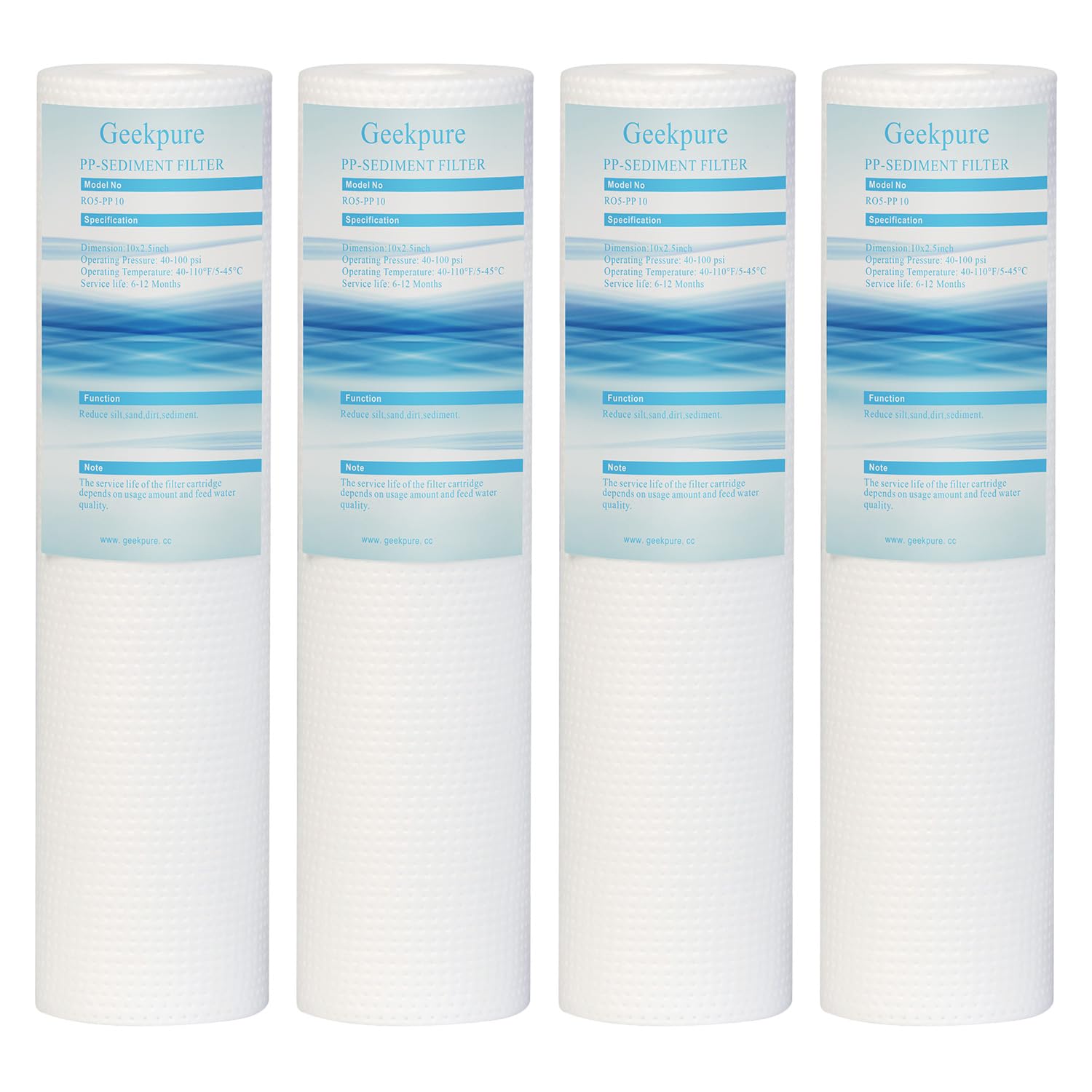 Geekpure 10 Inch PP Polypropylene Sediment Replacement Filter for RO Water Filtration -2.5" x 10" -5 Micron -Pack 4