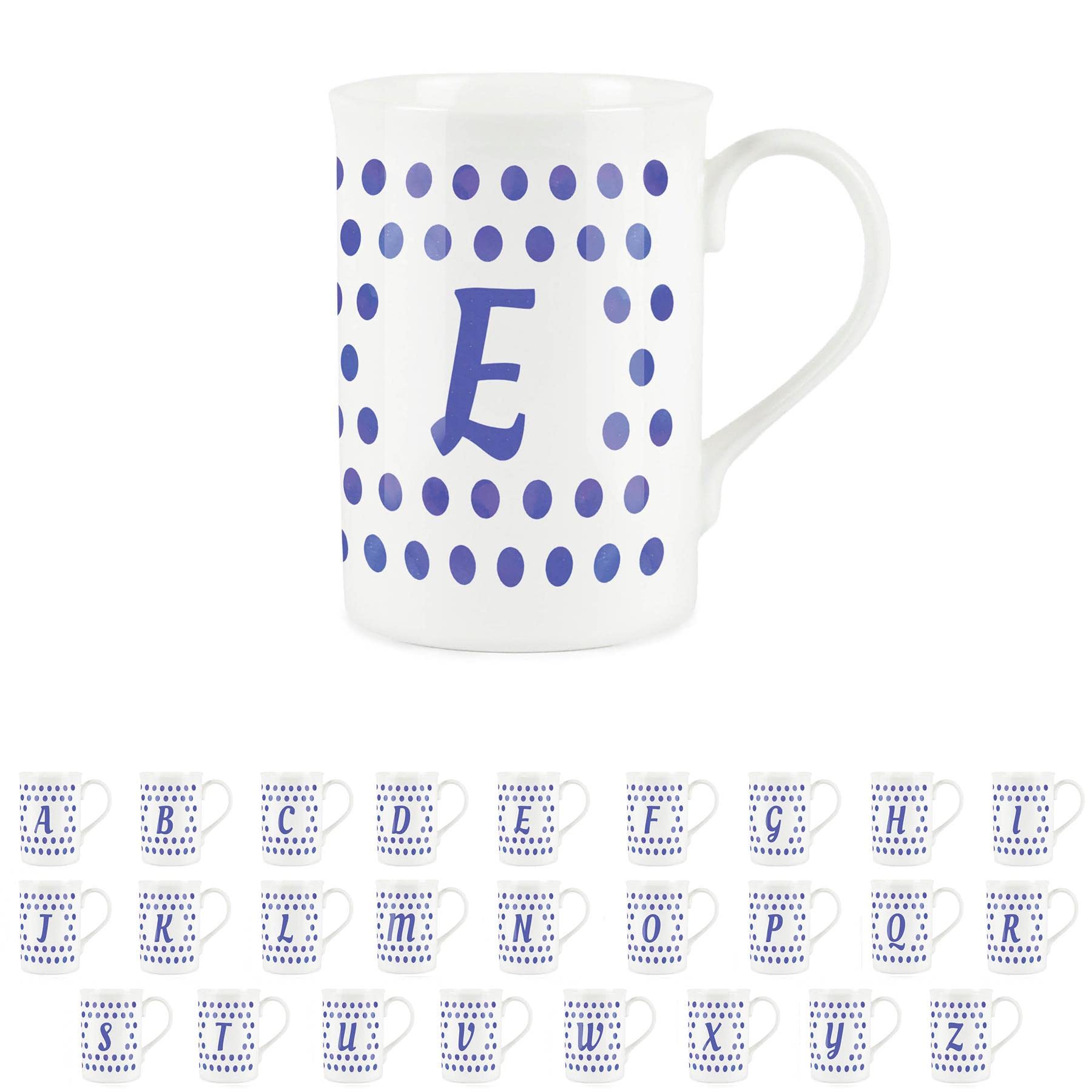 Purely Home Indigo Polka Dots Spots Letter E Mug - Fine Bone China Alphabet Initials Gift/Present Mug