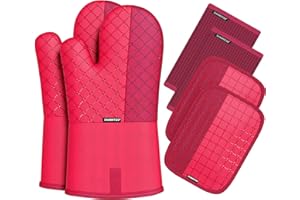 SHAWNTOO Oven Mitts and Pot Holders Sets 6pcs, Kitchen Oven Glove,High Heat Resistant 550 Degree Extra Long Oven Mitts and Potholders with Non-Slip Silicone Surface for Home Essentials (Grey) (Passion Red)