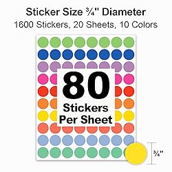 1600 PCS 3/4” Colored Dot Stickers, Round Sticker