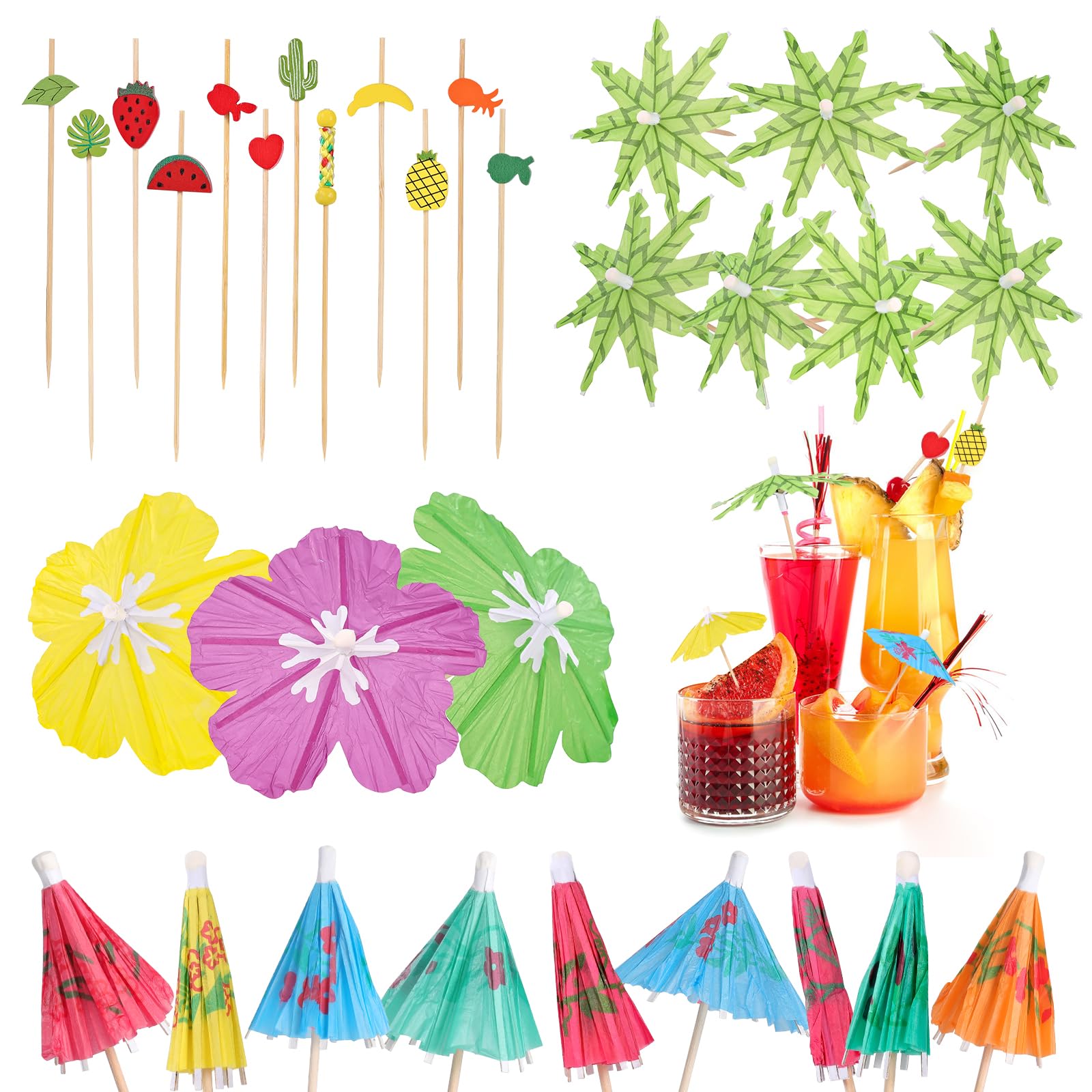Photo 1 of [200 Pcs] Drink Umbrella Cocktail Picks Toothpicks - 4.7 Inch Fruit Sticks and Green Coconut Palm Colorful Drink Umbrellas for Luau Hawaii Beach Tropical Party Decorations