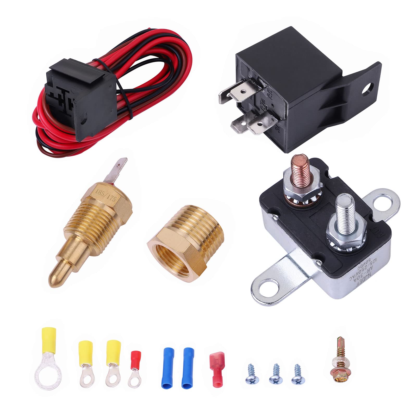 Photo 1 of 175-185 Degree Electric Fan Wiring Kit Cooling Fan Thermostat Kit Temp Sensor Temperature Switch 40 50 60 amp Relay Kit