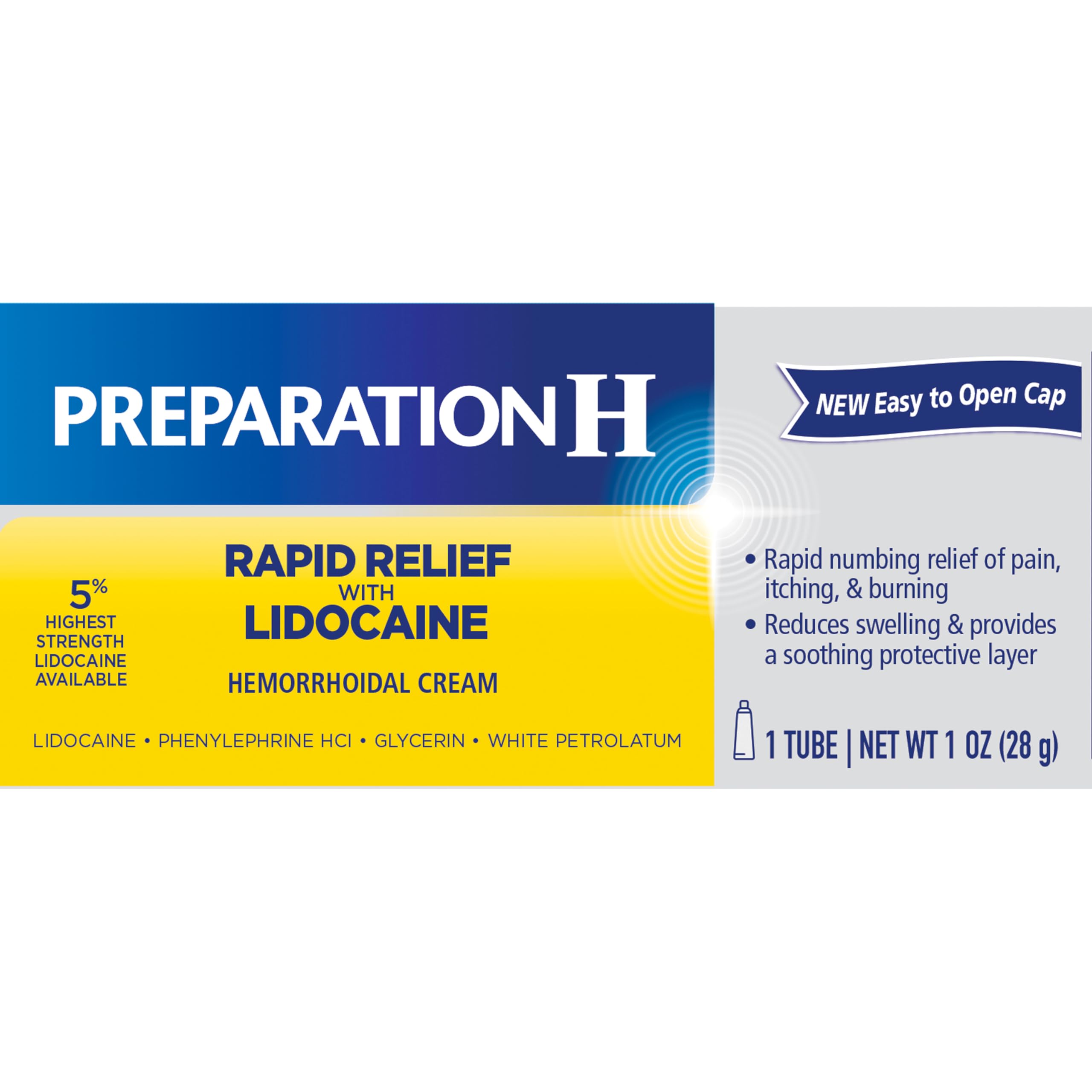 Preparation H Rapid Relief Hemorrhoid Cream with Lidocaine, Numbing Relief for Swelling, Pain, Burning and Itching - 1 Oz Tube