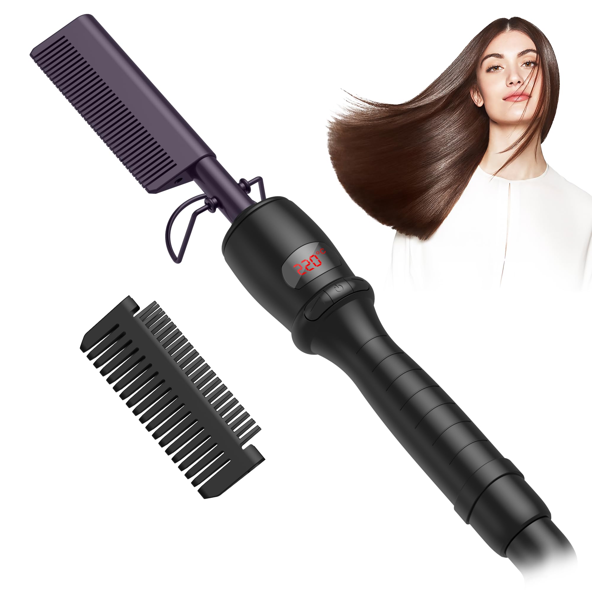 Hot Comb for Wigs Afro Hair Beard Curly Electric Copper Hot Comb Hair Straighteners Styling Appliances Heated Press Comb Adjustable Temperature with LCD Display, Dark-Purple/Black