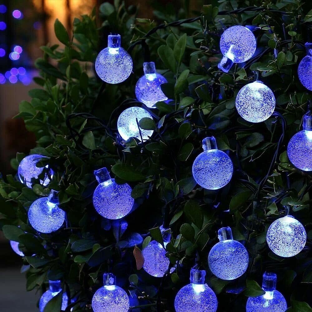 Solar Powered String Lights LED Crystal Ball Garden Outdoor Fairy Ball Hanging Lamp (50 X Blue White)