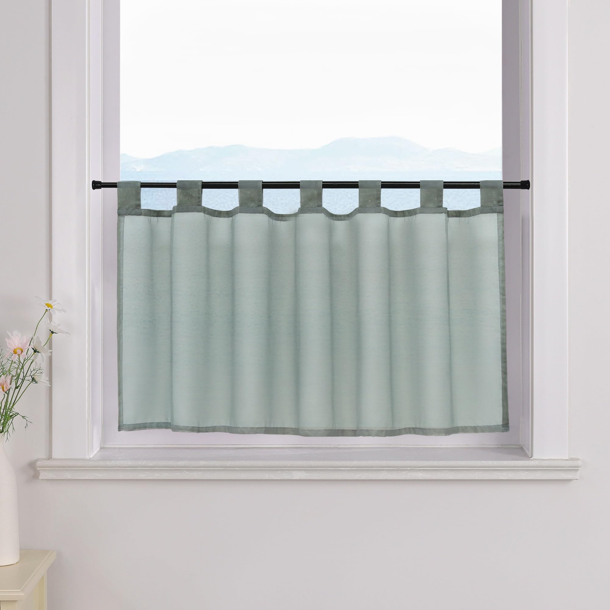 ESLIR Net curtain with loops, kitchen bistro curtains, transparent curtains, short curtain, voile, grey, W x H 60 x 120 cm, 1 piece