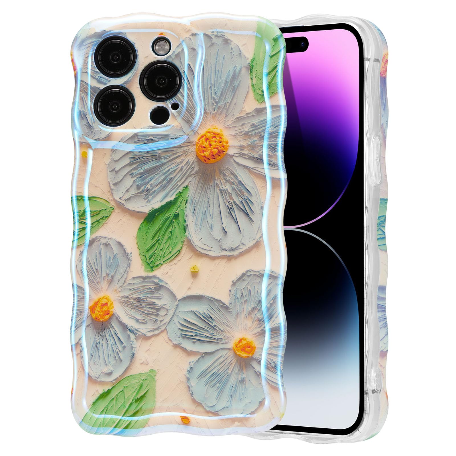 EYZUTAK Case for iPhone 13 Pro Max, Colorful Retro Oil Painting Flower Leaf Laser Glossy Pattern Cute Curly Waves Edge Exquisite Phone Cover Stylish Durable TPU Protective Case for Women - Blue Green — image 1