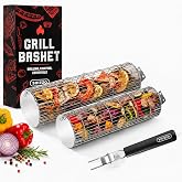 SHIZZO Extra Sturdy Rolling Grill Basket, Removable Handle, Set of 2 | Grilling Rack, Stainless Steel, Outdoor Camping accessories BBQ Net, Griller for Fish, Vegetables, Gifts for Men Dad Husband