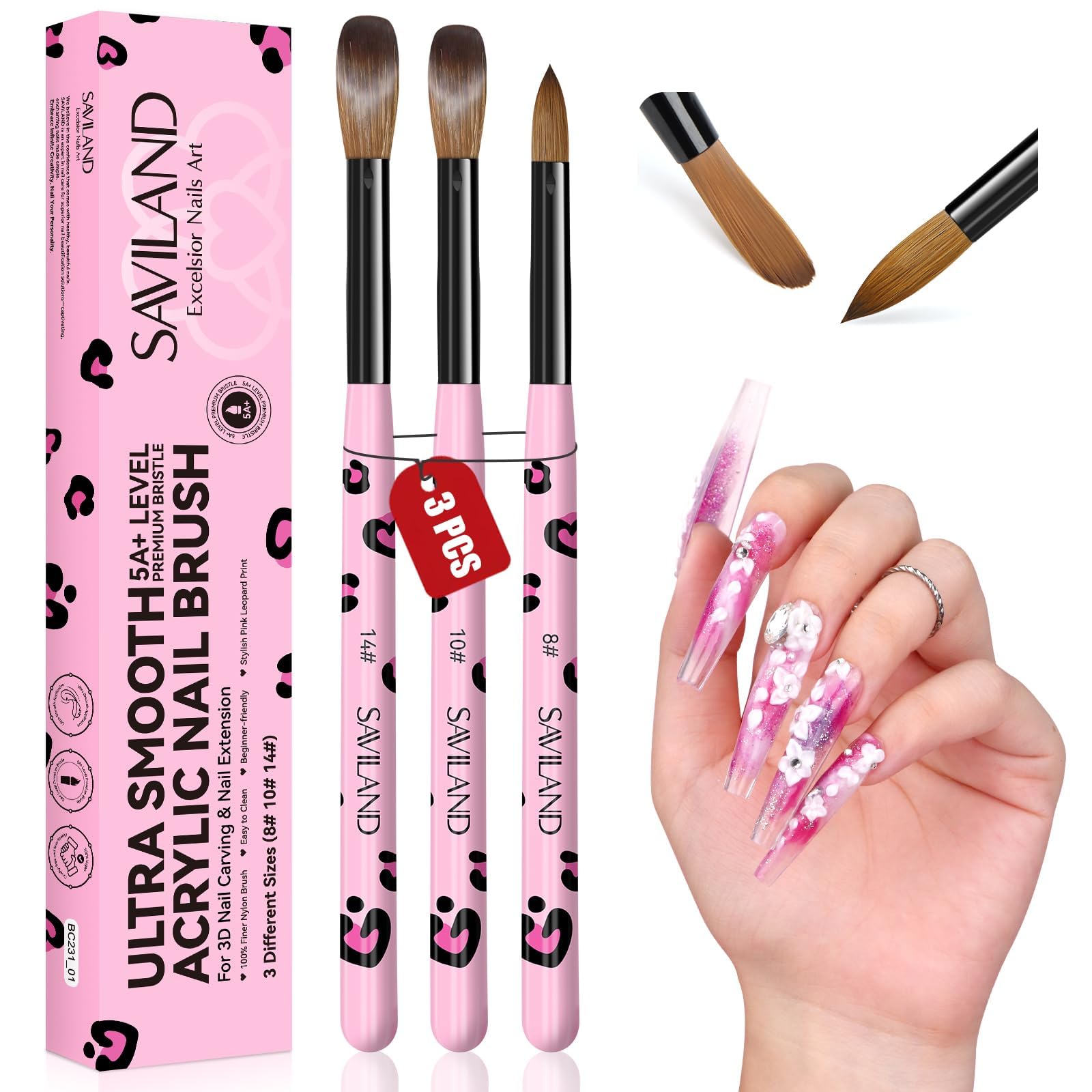 SAVILAND 3PCS Ultra Smooth Acrylic Nail Brush: Size 8/10/14 Pink Leopard Print Handle Professional Acrylic Brushes for 3D Nail Carving & Nail Extension Salon Home DIY