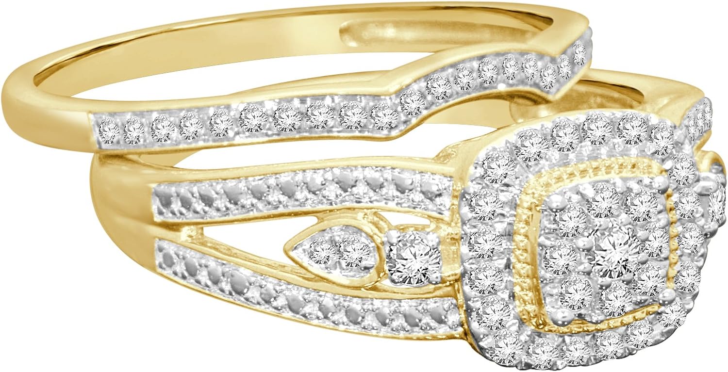 Amazon.com: 10k Yellow Gold Real Diamond Engagement Rings Set for Her