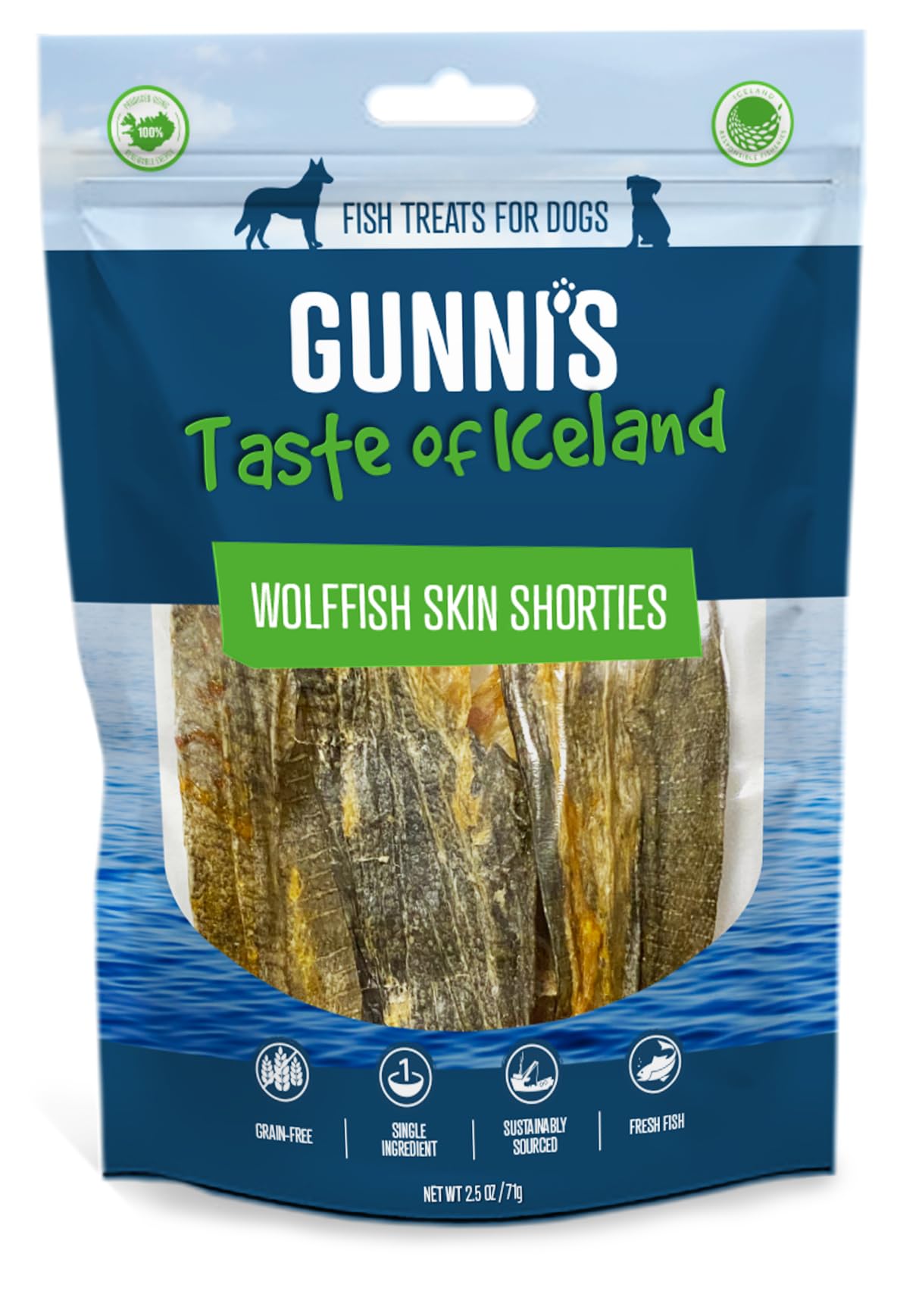 Gunni’s Wolffish Skin Shorties | Pure Icelandic Wolffish Skin chews for dogs | Traceable | MSC Certified | Sustainable | 100% Natural | Gently dried | 71g
