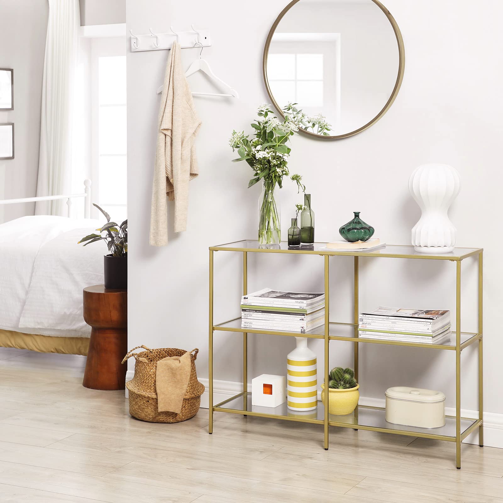 VASAGLE 39.4 Inch Console Table with 3 Shelves, Sofa Tables, Modern Entryway Table, Metal Frame, Tempered Glass Shelf, Entryway Living Room Bedroom, Metallic Gold and Transparent ULGT27G