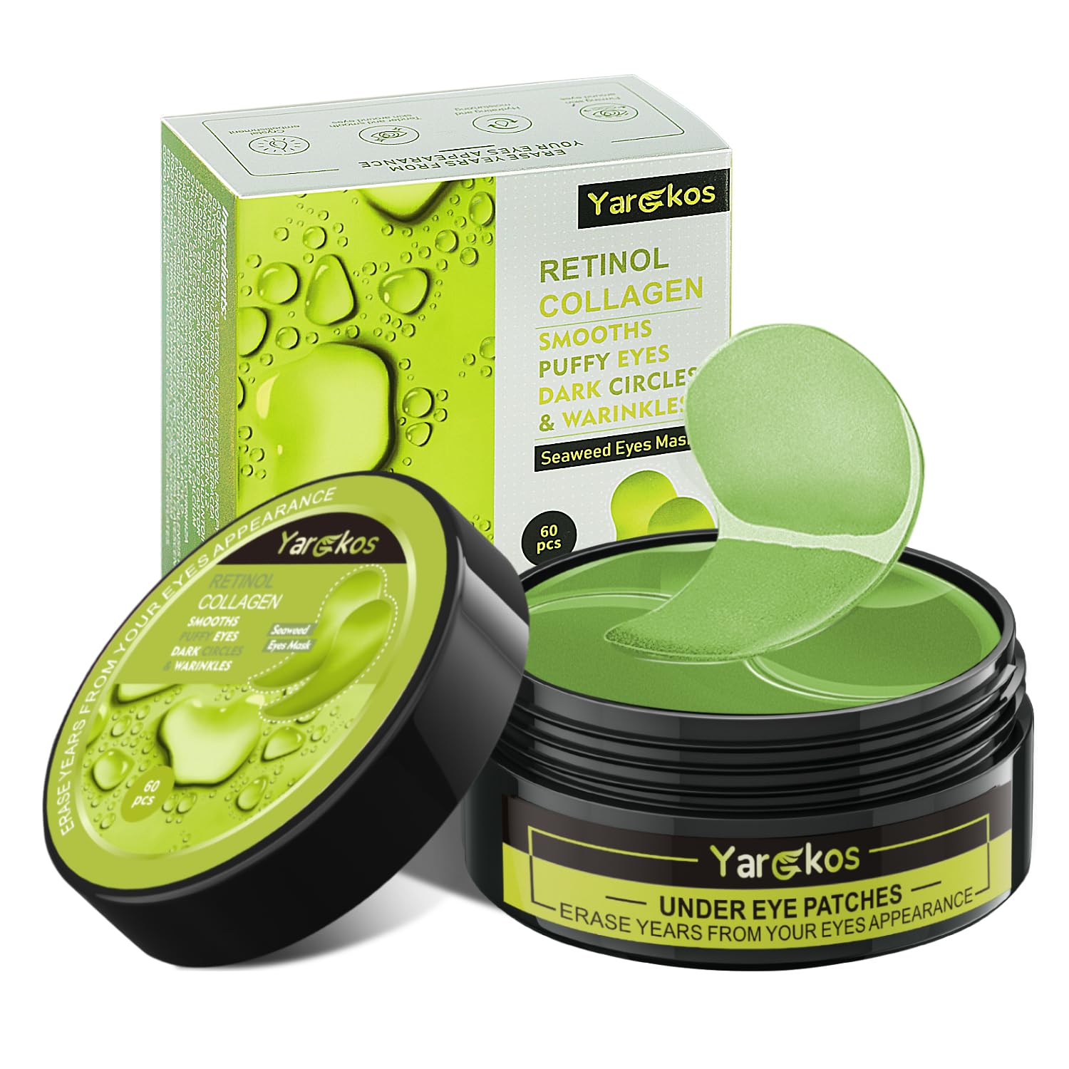 60 Pcs Green Under Eye Patches, 30 Pairs Women Undereye Mask for Puffy Eyes Dark Circles Treatment, Beauty Skin Care Products, Men Collagen Gel Pads Hydrating for Eye Bags Puffiness Wrinkle