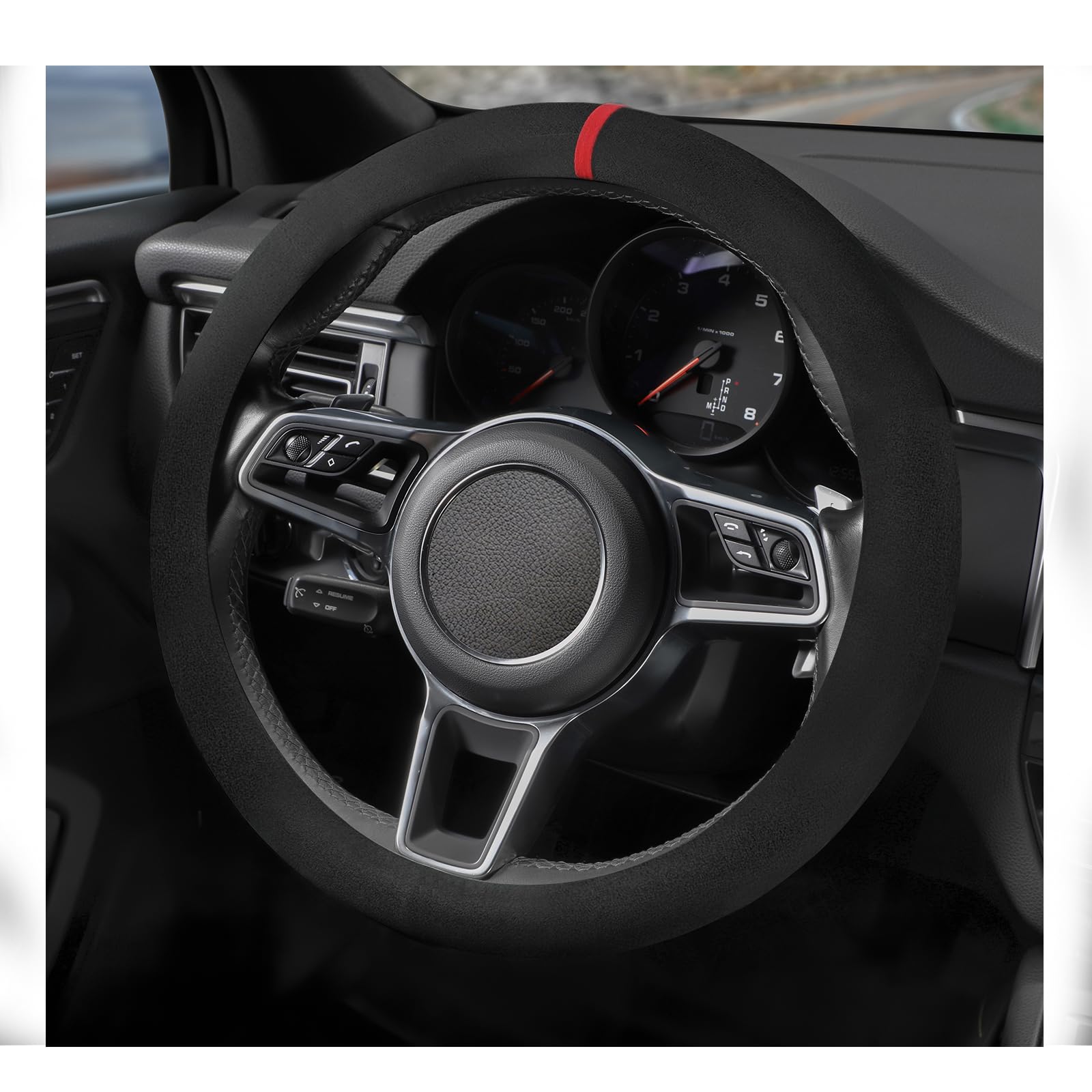 Photo 1 of SthExtra Suede Steering Wheel Cover with Upgraded Silicone Inner Ring, Breathable, Anti-Slip, Leather Universal 14.5 to 15 Inch Steering Wheel Cover (Black with Red Mark)