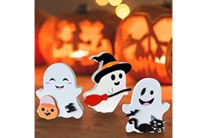 JNYVE Cute Ghost Halloween Decorations Indoor: 3PCS Wooden Tiered Tray Decor Ghost Table Sign Include Black Cat Pumpkin Bat Witch Hat Broom Sign Blocks for Party Home Mantel Shelf Display