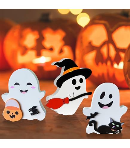 Wooden Halloween Tiered Tray Signs - Set Of 3 Cute Black Cat, Pumpkin & Witch Decor For Shelf Or Table - View #3