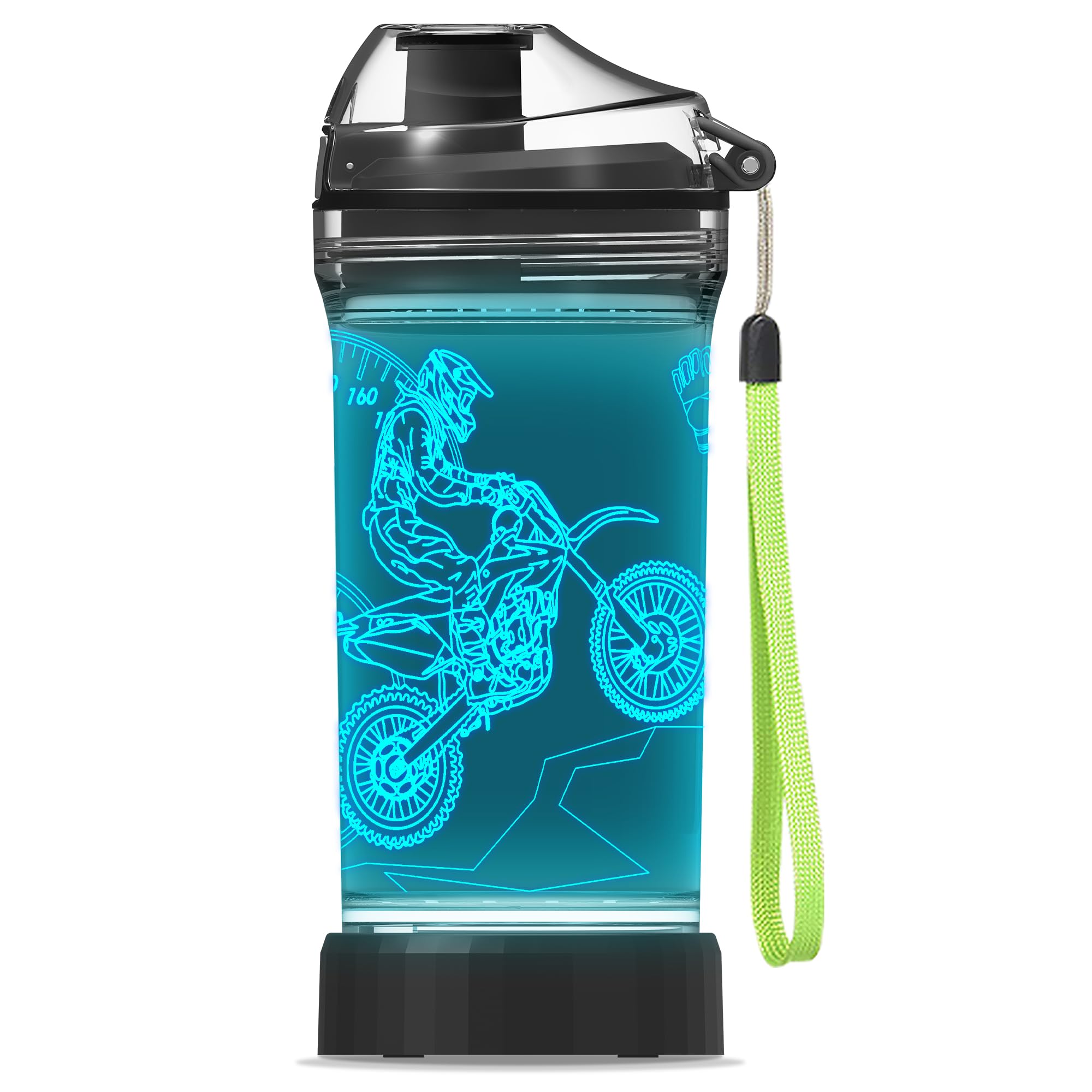 YuanDian Dirt Bike Water Bottle with 3D Glowing LED Light Light Up Kids - 14 OZ Tritan BPA Free - Cool Drinking Cups Gift for School Kids Boy Child Motocross