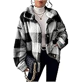 SHENHE Women's Plaid Fuzzy Fleece Jacket Button Down Oversized Sherpa Warm Coat Outerwear
