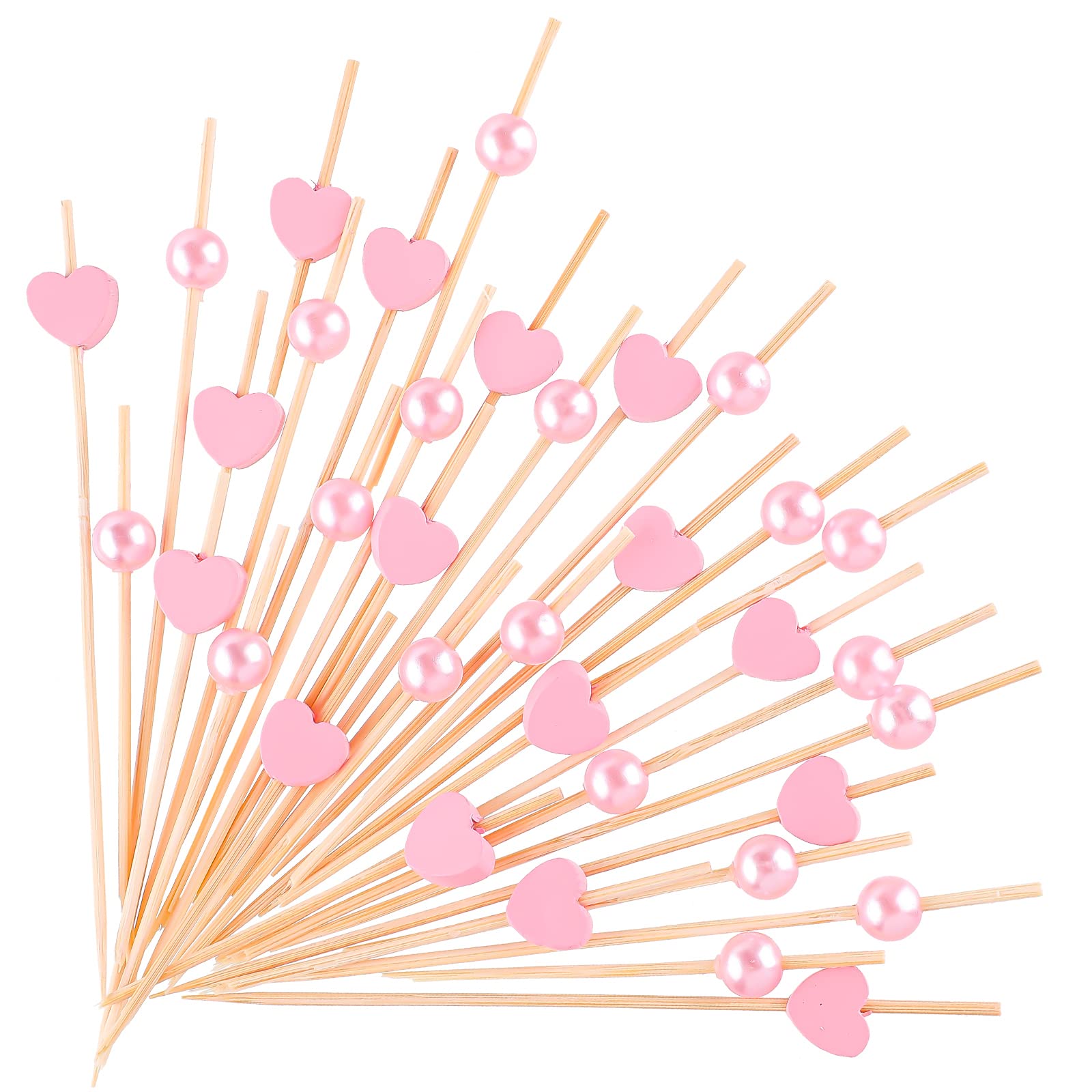 Photo 1 of 200 Pcs Pink Pearl Cocktail Picks Appetizers Picks Heart Toothpicks 4.7 Inch Sandwich Fruit Toothpicks Bamboo Decorations for Cocktail Skewers Dessert Cute Food Baby Shower Wedding Valentines