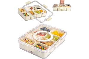 I00000 Dishwasher Safe Snackle Box Container with 8 Small Snacks Box - Premium Ivory Plastic Divided Serving Tray with Lid an