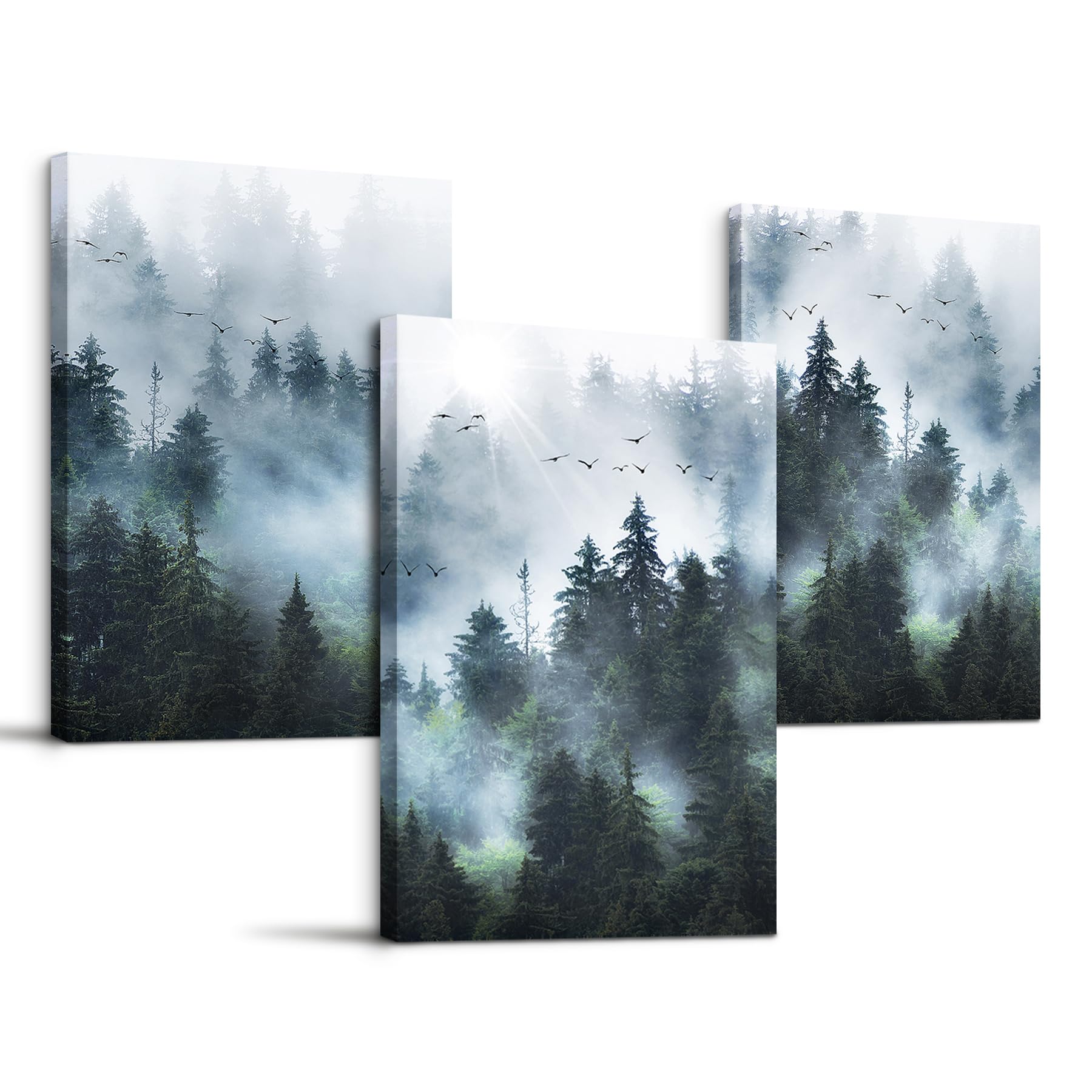 MHARTK66 Misty Forest Birds Canvas Wall Art for Living Room, Sunlight Through the Trees Nature Modern Art Print Decorations Bedroom Office Farmhouse Kitchen Dining Room and Bathroom — image 1