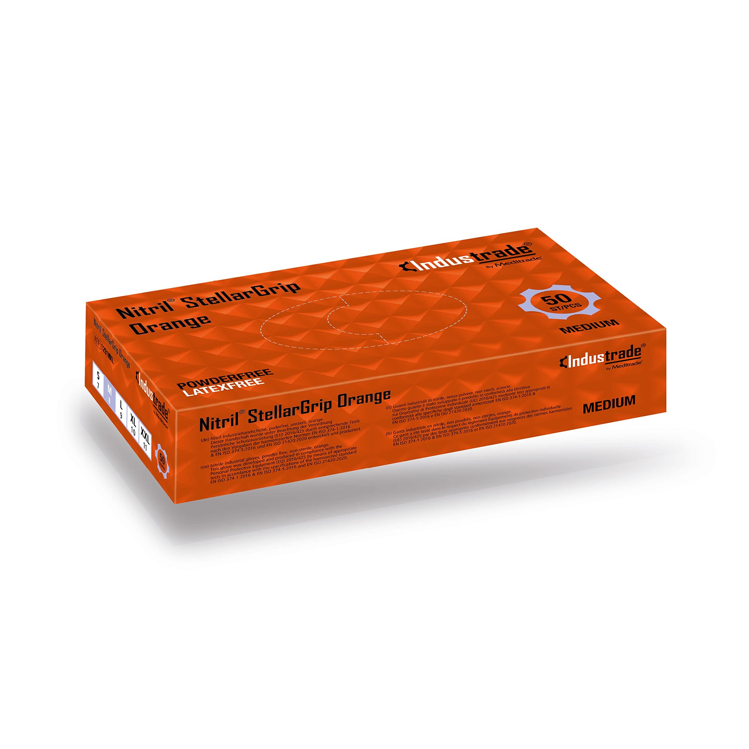 Industrade by Meditrade NITRIL Stellargrip Orange Nitrile Industrial Gloves - Diamond Texture for Enhanced Grip - Powder & Latex Free Disposable Gloves - 8.5g Thickness - Medium - 50pcs