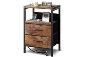 LAZZANTO NightStand Bedside Charging Table Bedroom - Brown Night Stand with Charger Station, Modern Bed Side End Table with Open Shelf & 2 Fabric Drawers, USB-C USB Ports & AC Outlets for Dorm, Living Room