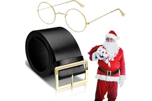 Silkfly Christmas Santa Claus Glasses and Belt - Gold Rimmed Round Glasses, Black 3.15 Inch Wide Costume Accessories for Adult Men and Women Cosplay Supplies