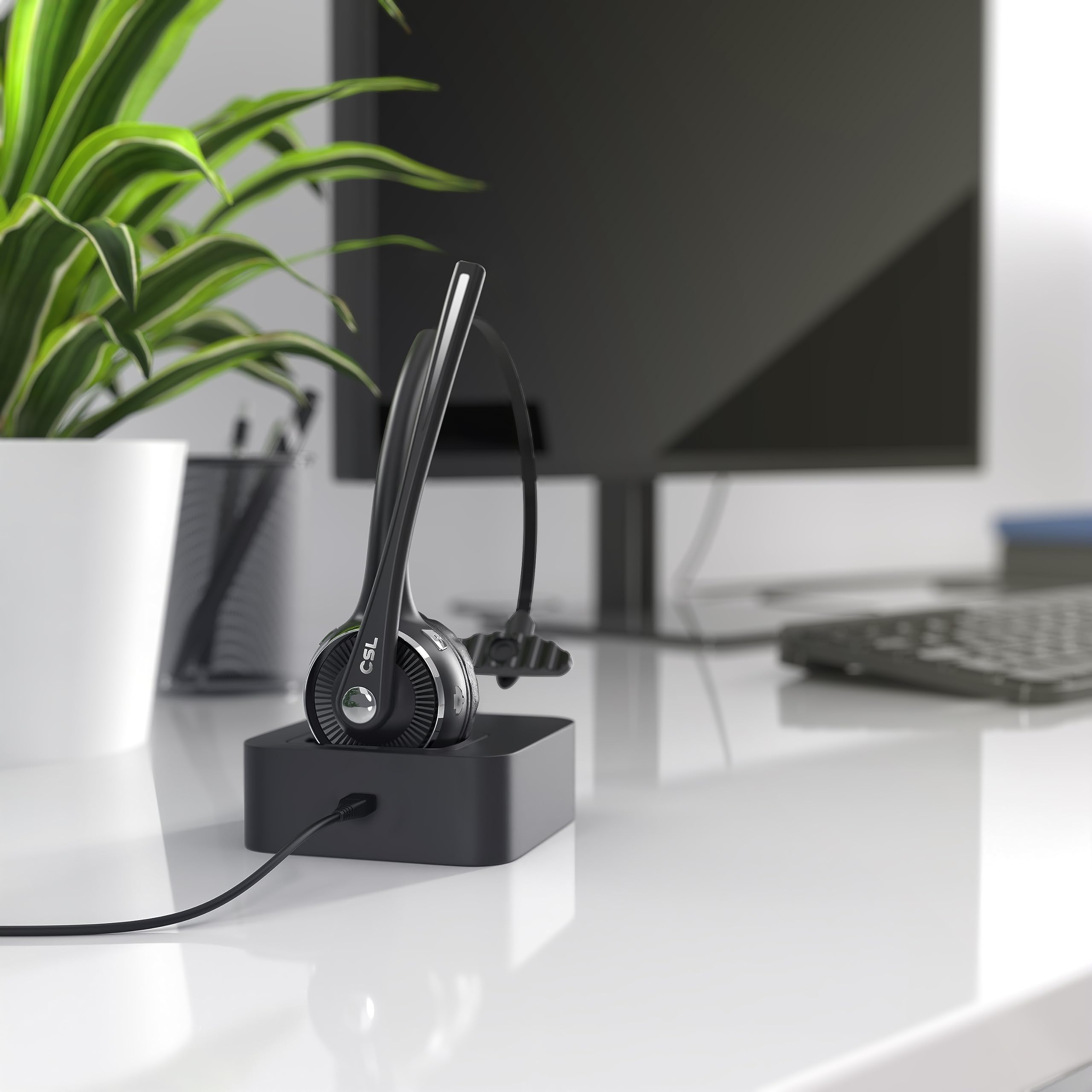CSL - Bluetooth 5.0 Headset mit Ladestation - PC Headset mit flexiblem Mikrofon - Multipoint - kabellos - leicht - freisprechen - für Auto und LKW Computer Call Center Handys