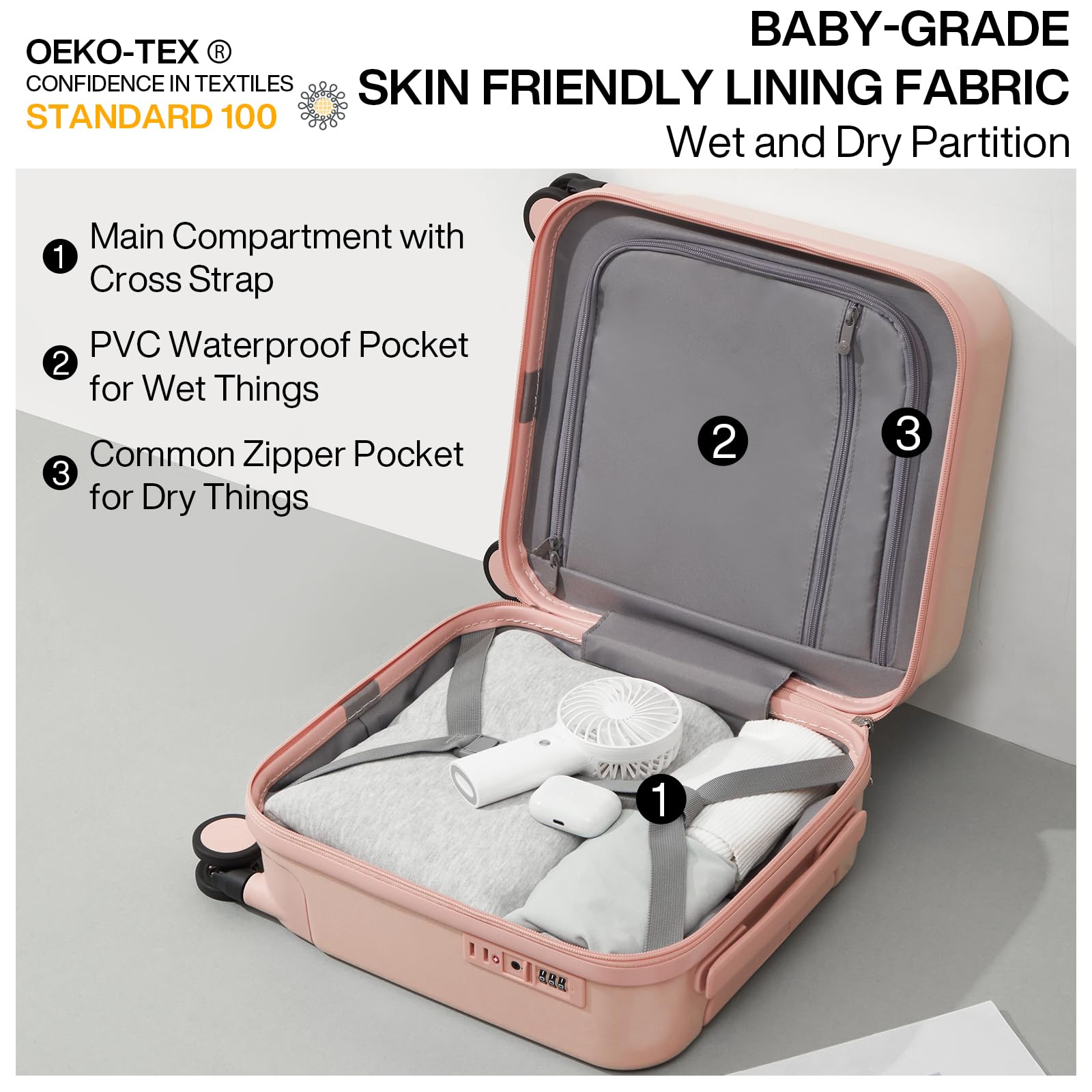 Hanke 14 Inch Underseat Luggage Personal Item Carry on Suitcase, Mixi Spinner Wheels Pink Hardshell Lightweight Rolling Suitcases PC with Cover & TSA Lock for Short Travel
