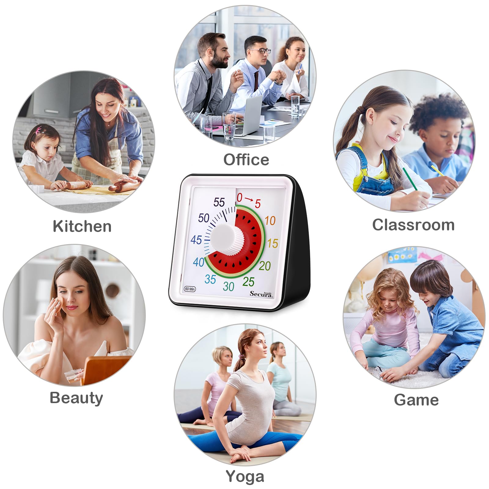 Secura 60-Minute Visual Countdown Timer for Kids & Adults, Classroom Time Management Tool (Black)