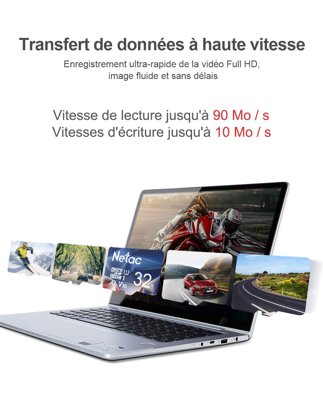 Netac Carte mémoire microSDHC, 32G Haute Vitesse UHS-I Carte Micro SD jusqu\'à 90MB/S, A1, U1, C10, V10, FHD, 600X Carte TF pour Drone/Dash Cam/Camera/Phone/Nintendo-Switch/PC/Tablette