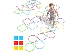 Oranmew 3 Sets Hopscotch Rings & Bean Bag Toss - 30 Pcs Indoor/Outdoor Agility Rings (Square, Triangle, Round) with 6 Beanbags - 15 Inch Giant Rings Obstacle Course Rings for Kids & Adults