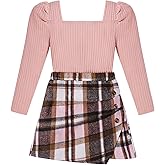 Adarl Girls Plaid Skirt Set A-Line Skort 2PCS Outfit Casual Square Neck Knit Puff Sleeve Shirt Top Fall Winter Clothes 7-14Y