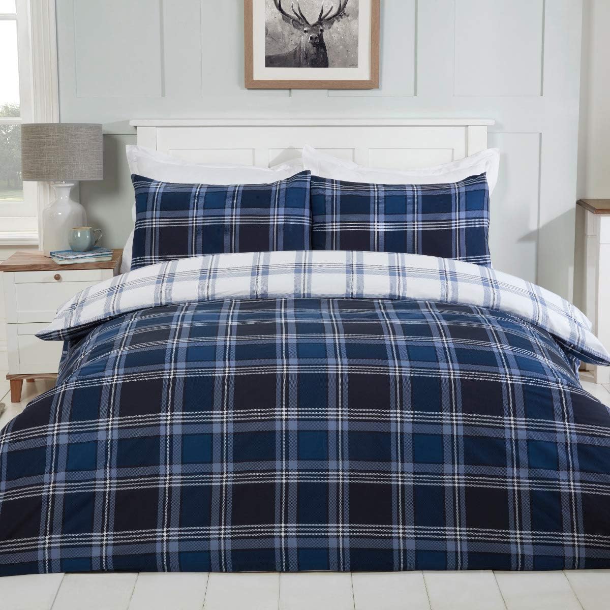 Sleepdown Tartan Check Navy Blue White Reversible Soft Easy Care Duvet Cover Quilt Bedding Set with Pillowcases - Double (200cm x 200cm)