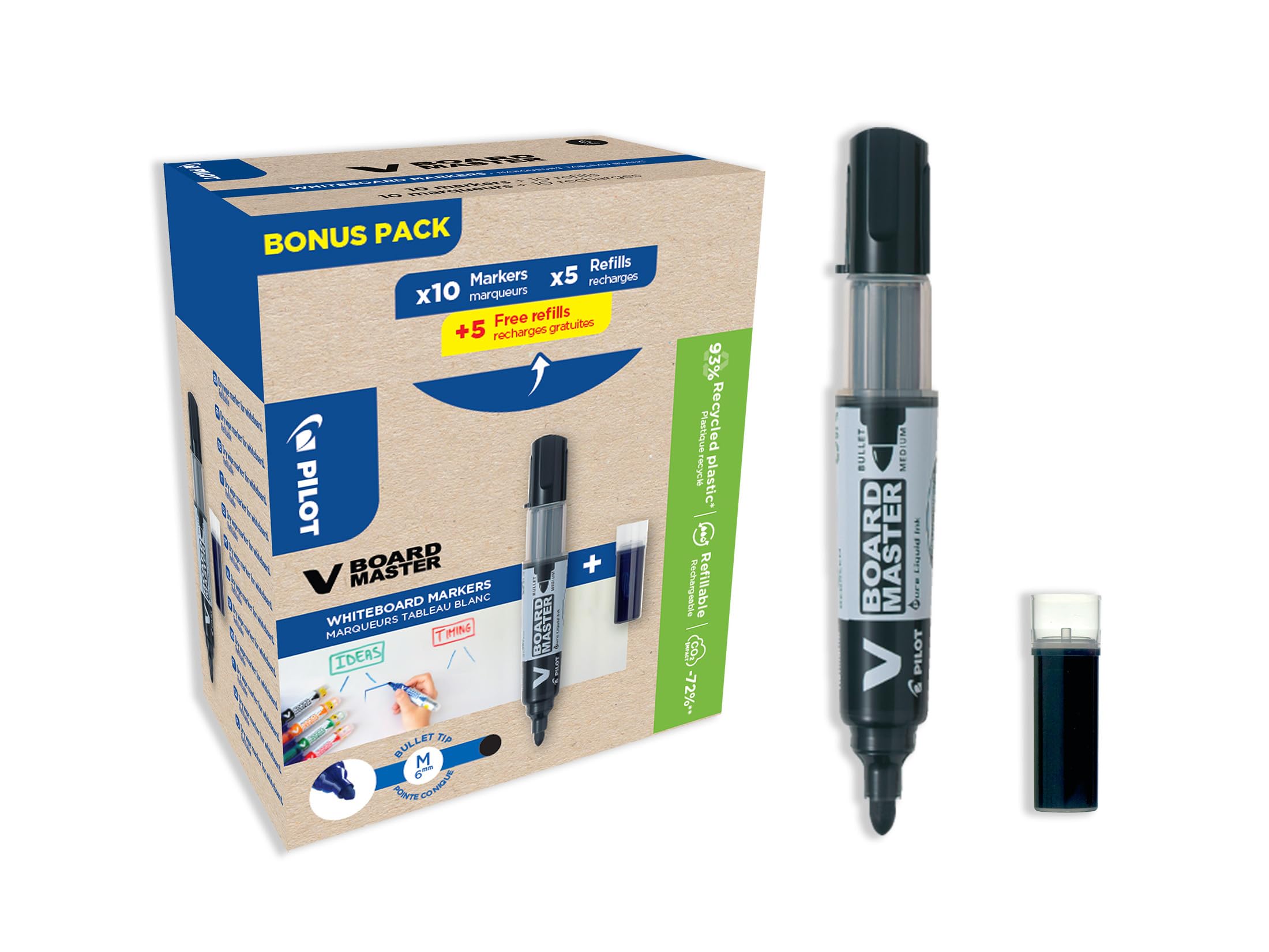 Pilot V-Board Master Marker, Black, 10 Markers and 10 Refills, Recycled Material, 6mm Bullet Tip, (WLT556275)