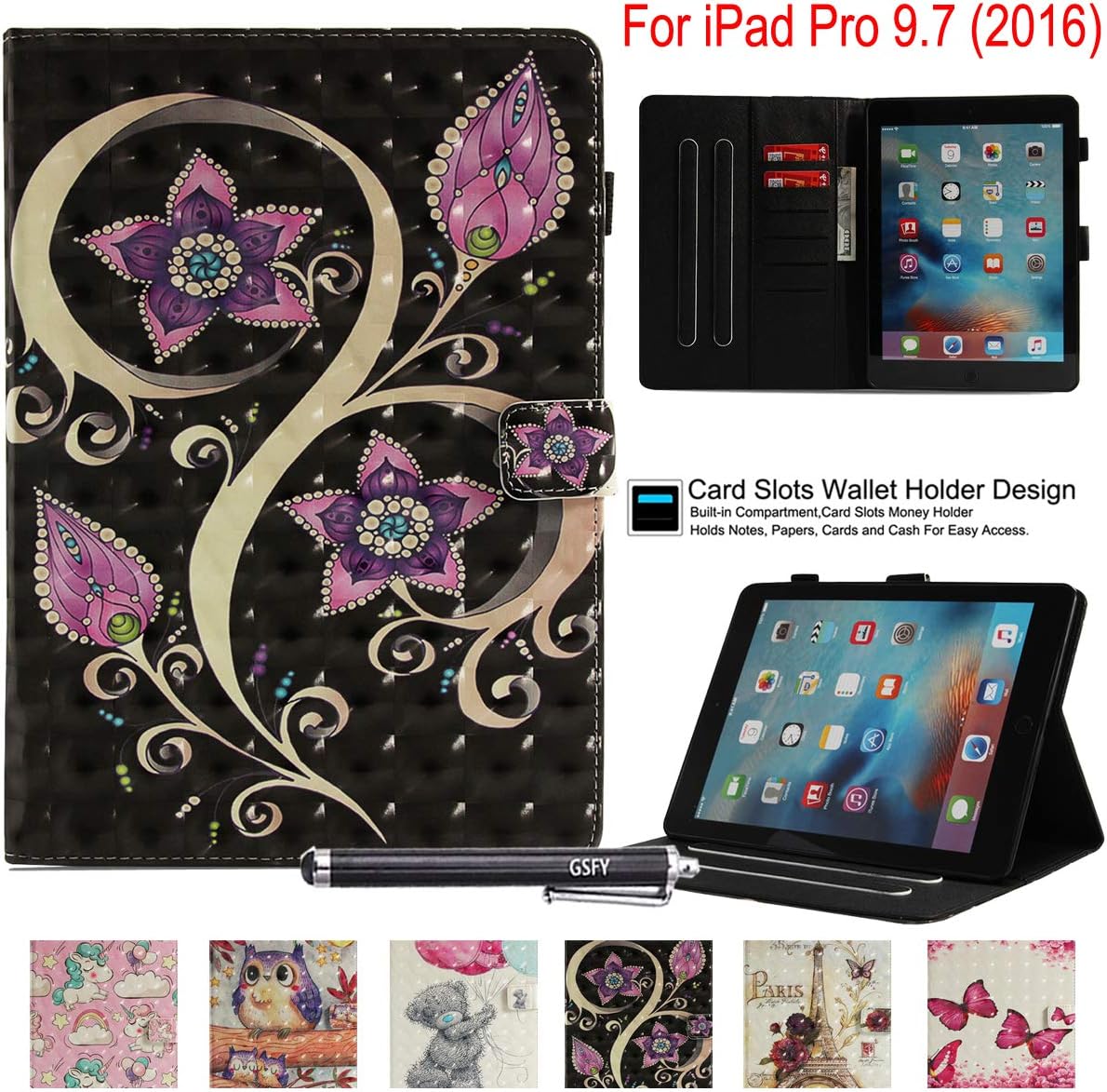 iPad Pro 9.7 Inch Case, Newshine Stand Folio Smart Cover with Auto Wake/Sleep Card Slots for Apple iPad Pro 9.7 (2016 Release, Model: A1673 A1674 A1675) - Pink Purple Flower