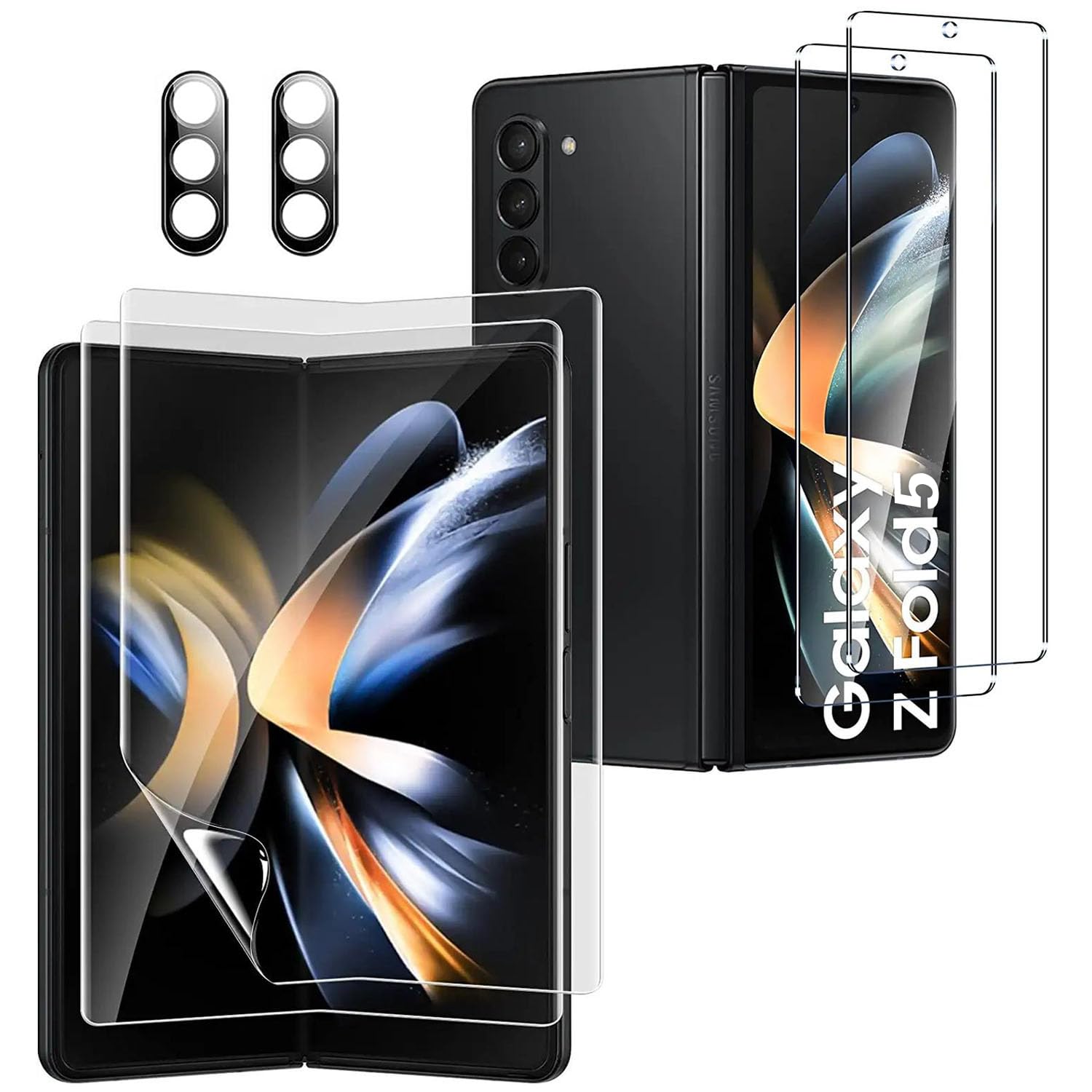 CYCFAIML 2X Tempered Glass Front Screen Protector Compatible with Samsung Galaxy Z Fold 5+ 2X Inner Soft TPU Film Shields+ 2X Camera Lens Protector [Scratch Resistant] [Bubble Free]