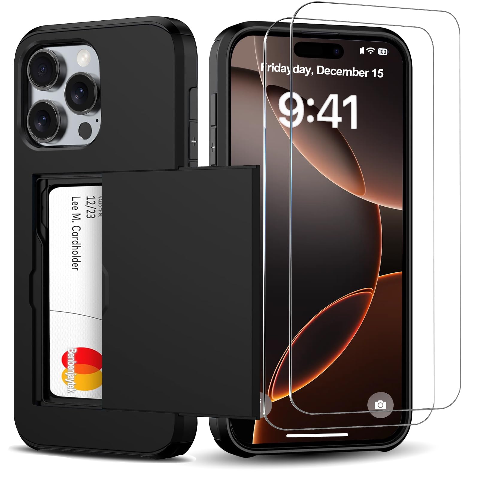 Photo 1 of Benbenjaytek for iPhone 16 Pro Wallet Case with Card Holder + 2 Tempered Glass Screen Protector Protective Shockproof Hidden Card Slot Slim Case Women Men iPhone 16 Pro 6.3? 2024 (Black)