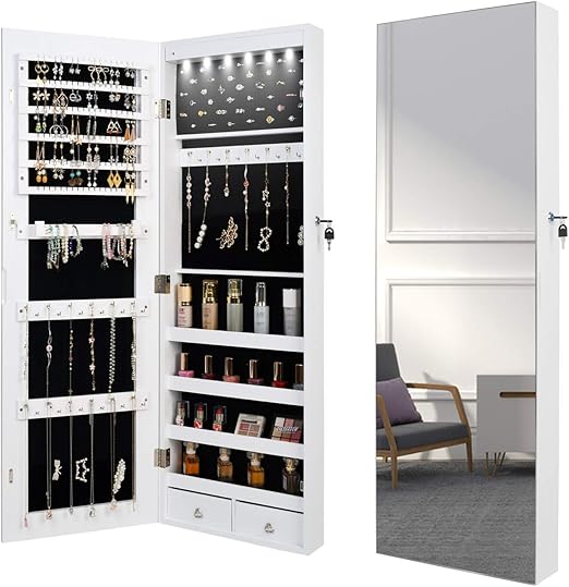 Amazon Com Quanyou 6 Led Lights Lockable Full Mirror Full Screen Jewelry Organizer Wall Mounted Door Mounted Jewelry Cabinet Jewelry Armoire With Mirror Full Length Mirror Hanging Mirror 7025 White Home Kitchen