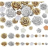 PH PandaHall 5 Sizes Rose Cabochons 50pcs Flower Beads 2 Colors Flatback Floral Cabochons No Hole Resin Rose Beads Golden Silver Flower Decor for DIY Craft Phone Case Hairpin Jewelry Making Supplies