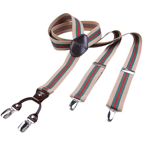 DonDon Herren Hosenträger 3,5 cm breit 4 Clips mit braunem Leder in Y-Form elastisch und längenverstellbar