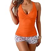B2prity Women's Tankini Swimsuits Tummy Control Ruched Two Piece Bathing Suit V Neck Wrap Tie Back Swimwear with Shorts