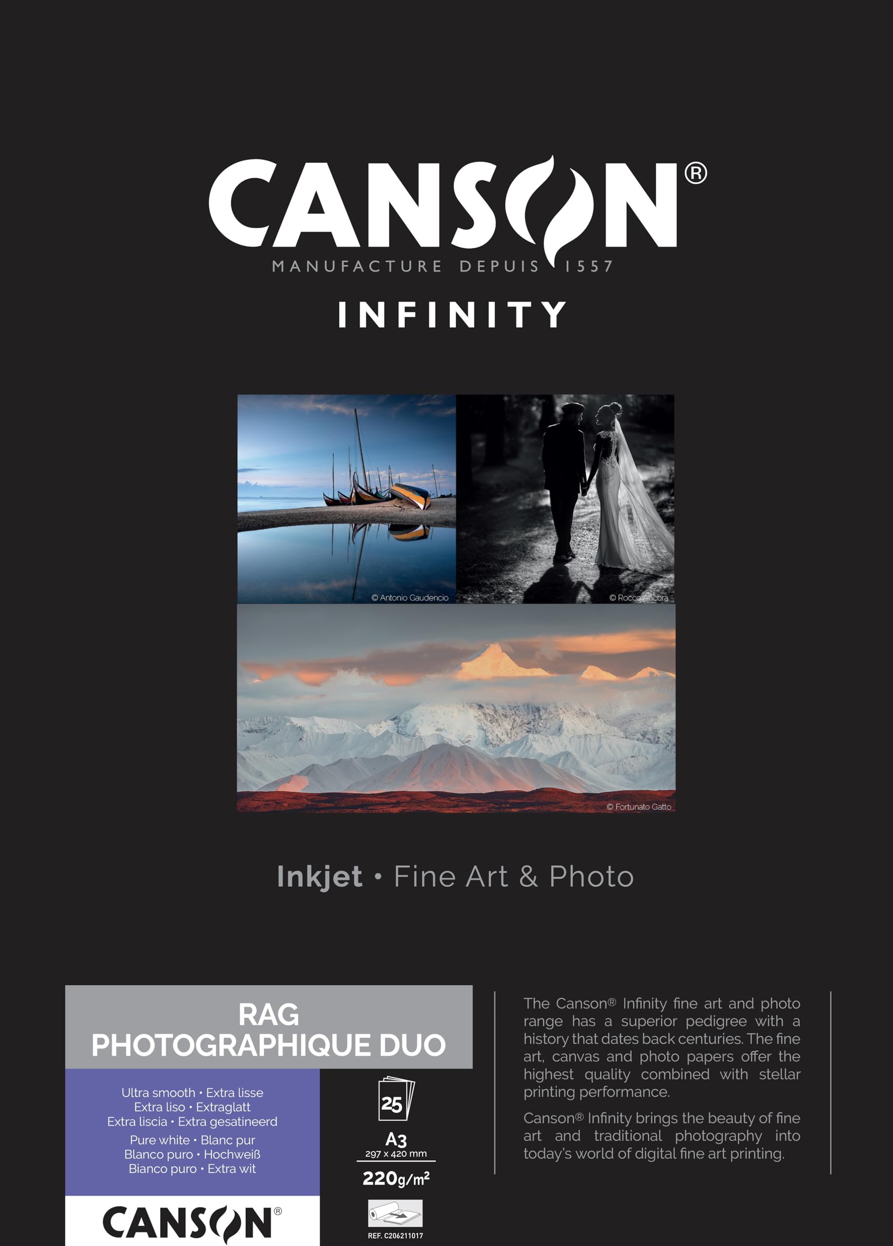 CANSON Infinity Rag Photographique Duo Ultra Smooth 220gsm A3 Paper, Digital Fine Art Reproduction, 25 Pure White Sheets, Ideal for Professional Photographers โ image 1
