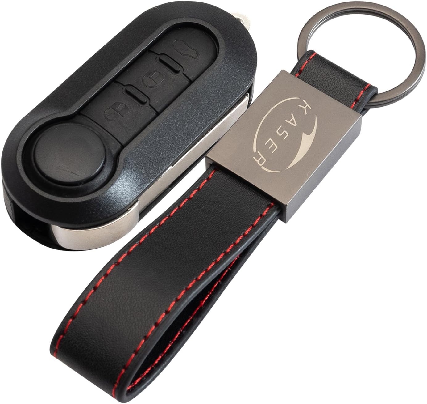 Coque De Clé Télécommande Fiat 500 3 Boutons + Porte-clés Cuir - Compatible Grande Punto, Panda, Ducato