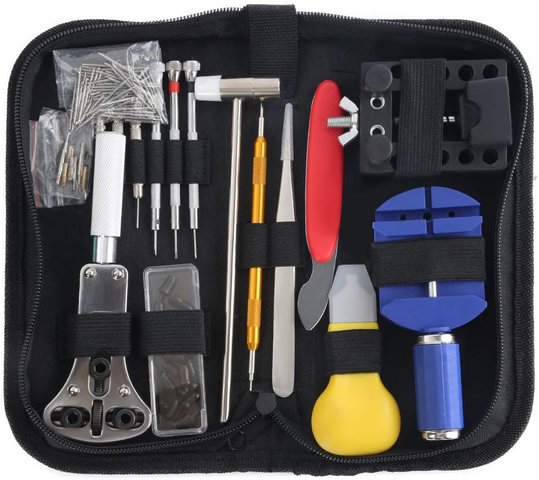 Watch Repair Kit, 147 PCS Watch Adjustment Tools Battery Replacement Resizing Kit, Solid Steel with Oxford Carrying Case and Manual