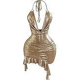 winkbay Women's Metallic Backless Halter Mini Dress Ruched Cowl Neck Ruffle Bodycon Asymmetrical Party Club Dresses