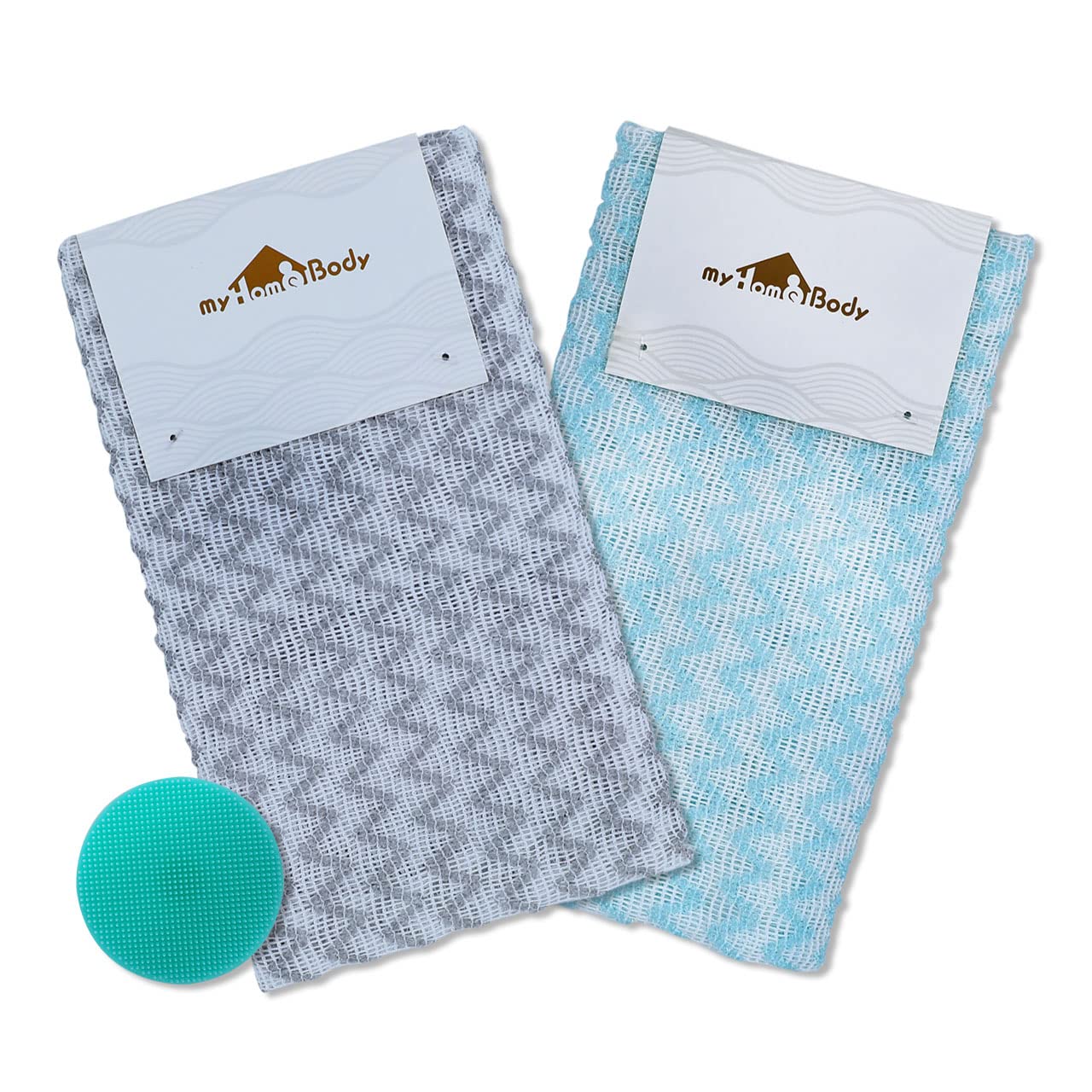 myHomeBody Extra Long Exfoliating Washcloth, Exfoliating Body Scrubber, Shower Towel, Long Bath Cloth, 3D Texture Silver Grey and Arctic Blue Chevron, Set of 2 with Silicone Facial Brush