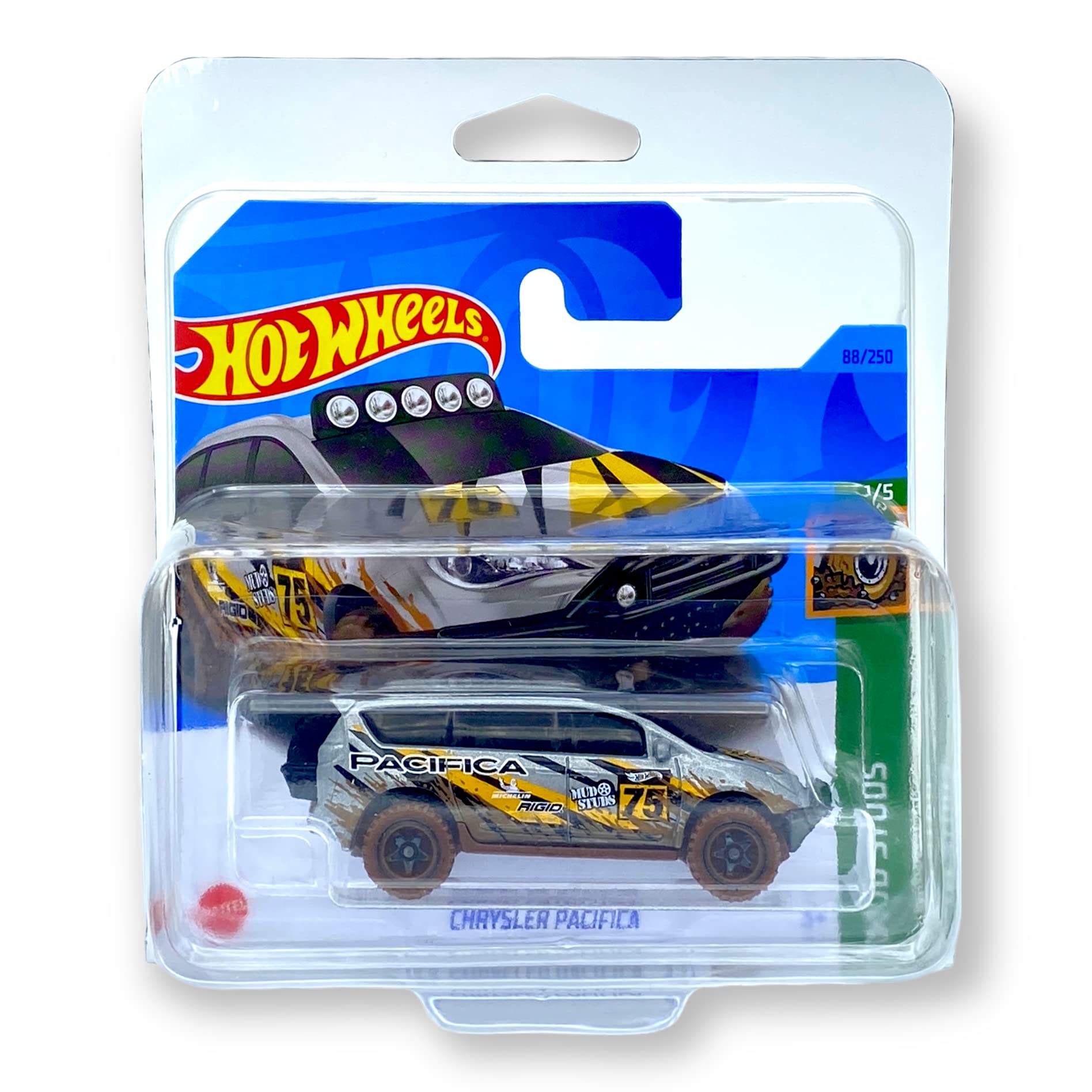 Hot Wheels Chrysler Pacifica (Silver, Black & Yellow) 1/5 HW Mud Studs 2023-88/250 (Short Card) - COMES IN A KLAS CAR KEEPER PROTECTIVE COLLECTORS CASE - HKH75